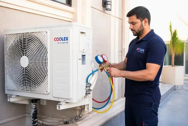 فني بزي عمل يفحص غاز الفريون في مكيف سبليت بالرياض - شركة السعادة للتكييف والتبريد بالرياض