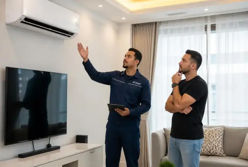 فني متخصص يفحص الوحدة الخارجية للمكيف - شركة السعادة للتكييف والتبريد بالرياض