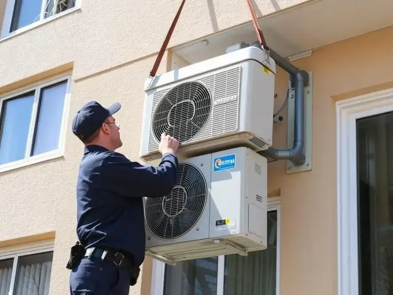 إنزال الوحدة الخارجية لمكيف سبليت من الحامل باستخدام أحزمة تثبيت في الرياض