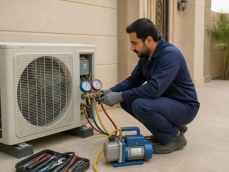 فني يفرغ الهواء من دورة التبريد بمضخة تفريغ بعد التركيب - شركة السعادة للتكييف والتبريد بالرياض