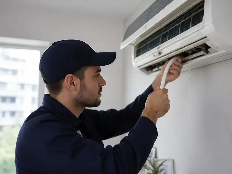 فني بزي عمل يفحص أنبوب تصريف مياه المكيف - شركة السعادة للتكييف والتبريد بالرياض