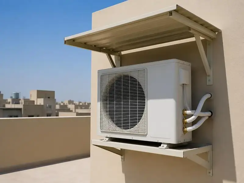 تظليل الوحدة الخارجية للمكيف بمظلة لحمايتها من الشمس - شركة السعادة للتكييف والتبريد بالرياض