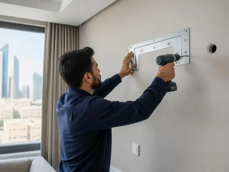 فني بزي عمل يثبت قاعدة تركيب المكيف على الجدار بمثقاب احترافي - شركة السعادة للتكييف والتبريد بالرياض