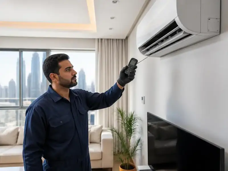 فني بزي عمل يفحص أداء المكيف داخل صالة بالرياض - شركة السعادة للتكييف والتبريد بالرياض