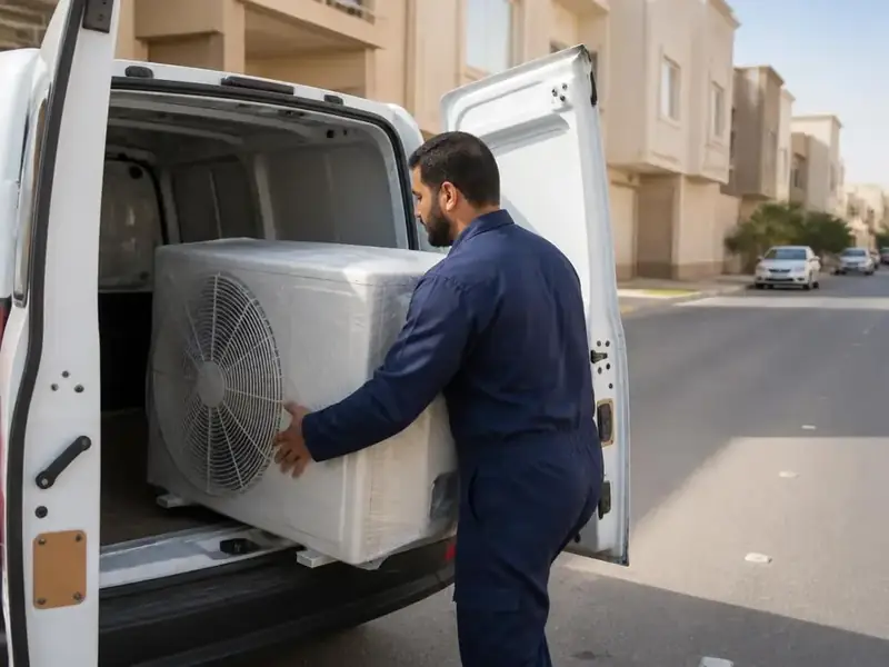 فني بزي العمل يحمّل الوحدة الخارجية المغلفة داخل سيارة نقل في أحد أحياء الرياض