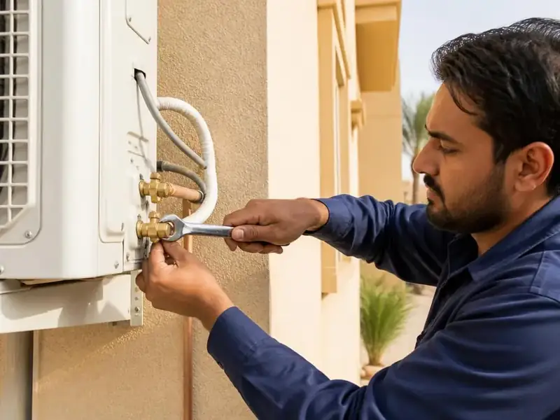 فني تركيب مكيفات بالرياض يعمل على توصيلات الوحدة الخارجية بأدوات متخصصة