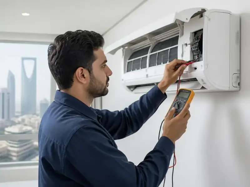 فني يقيس أداء مكيف سبليت بجهاز قياس رقمي بعد التركيب في الرياض