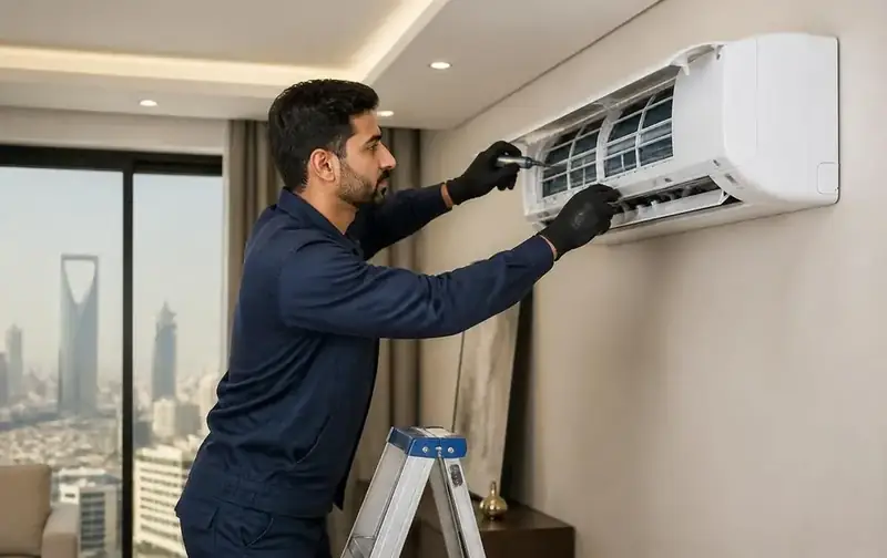 فني تركيب مكيفات بالرياض يقوم بتركيب مكيف سبليت داخل منزل حديث