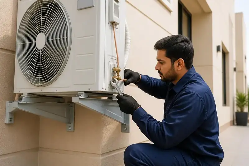 فني تركيب مكيفات محترف يقوم بتثبيت الوحدة الخارجية للمكيف داخل الرياض
