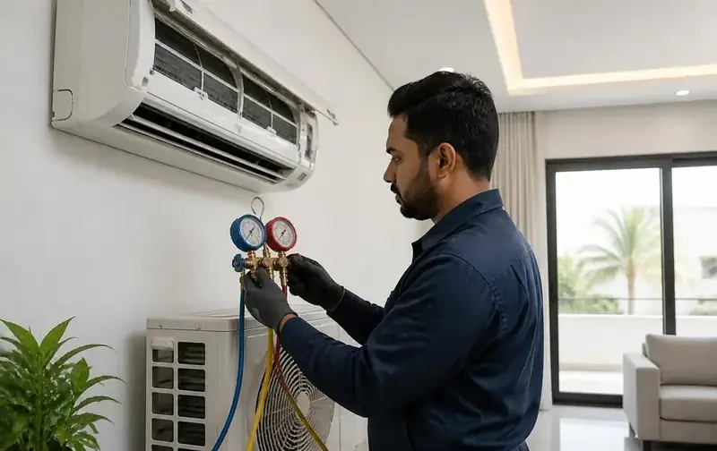 فني شركة السعادة للتكييف والتبريد يقوم بتعبئة غاز الفريون لمكيف سبليت داخل منزل في الرياض